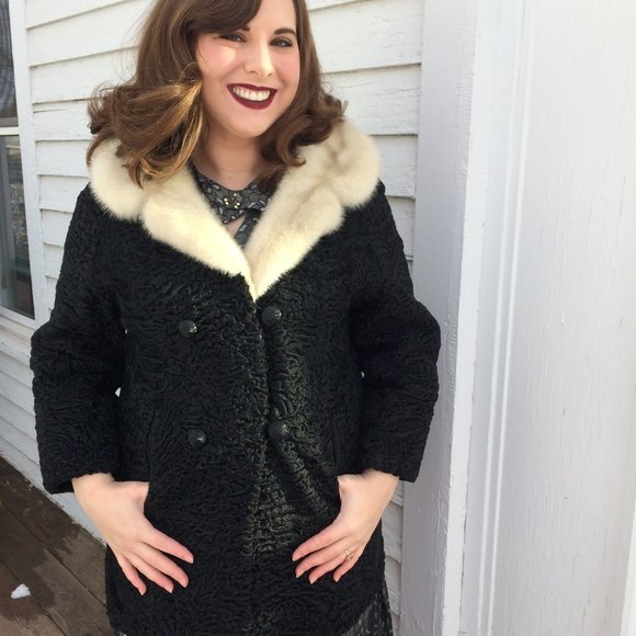 Vintage Fur Collar Faux Persian Lamb Coat Winter M - Picture 1 of 7